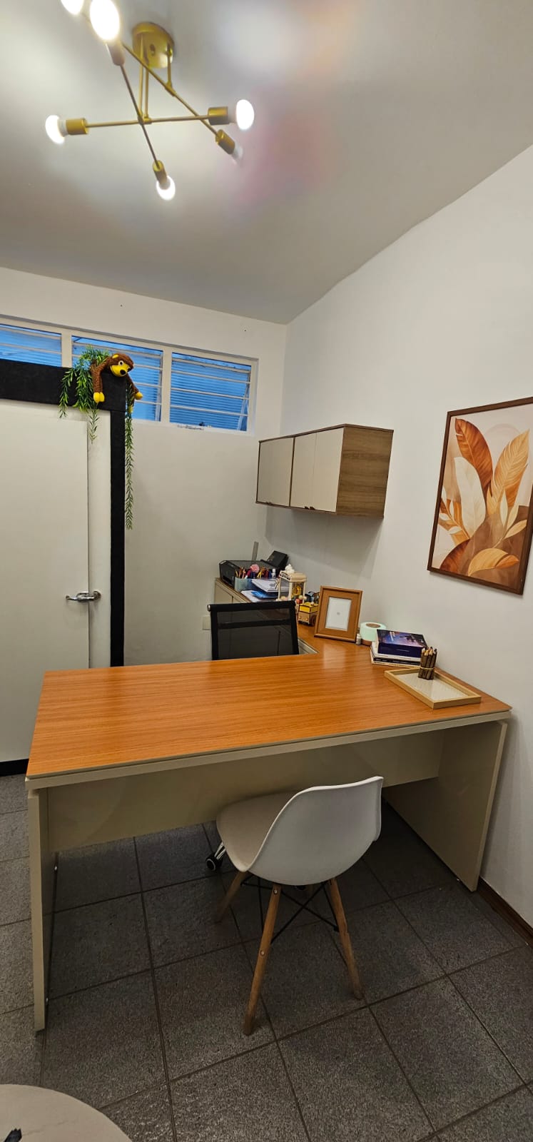 Consultório de Priscila com mesa de atendimento e materiais terapêuticos